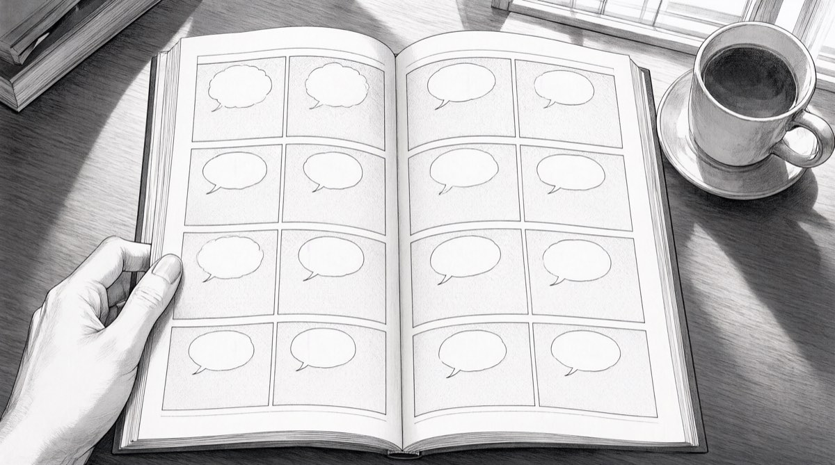 Un volume de manga ouvert sur un bureau, une main tourne la page