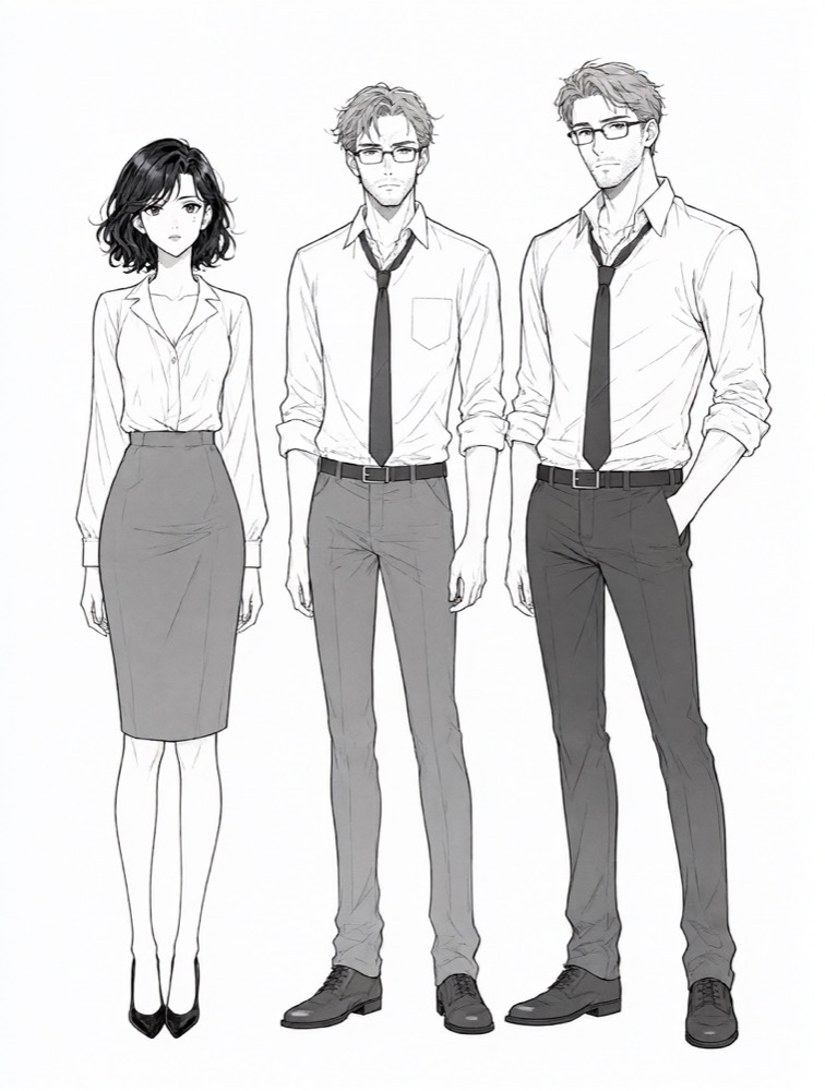 Fiche des personnages dessinée par Ai-Koma : une femme et deux hommes en tenue de bureau, en pied