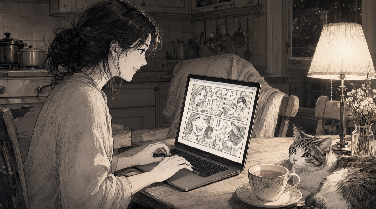 Une autrice découvre sa planche de manga sur son ordinateur, un thé à la main