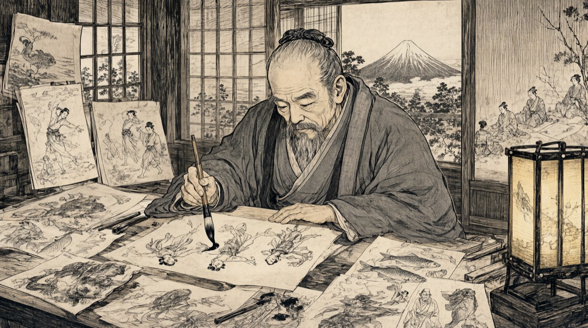 Un artiste de l’époque d’Edo dessine au pinceau, entouré de croquis, le mont Fuji par la fenêtre