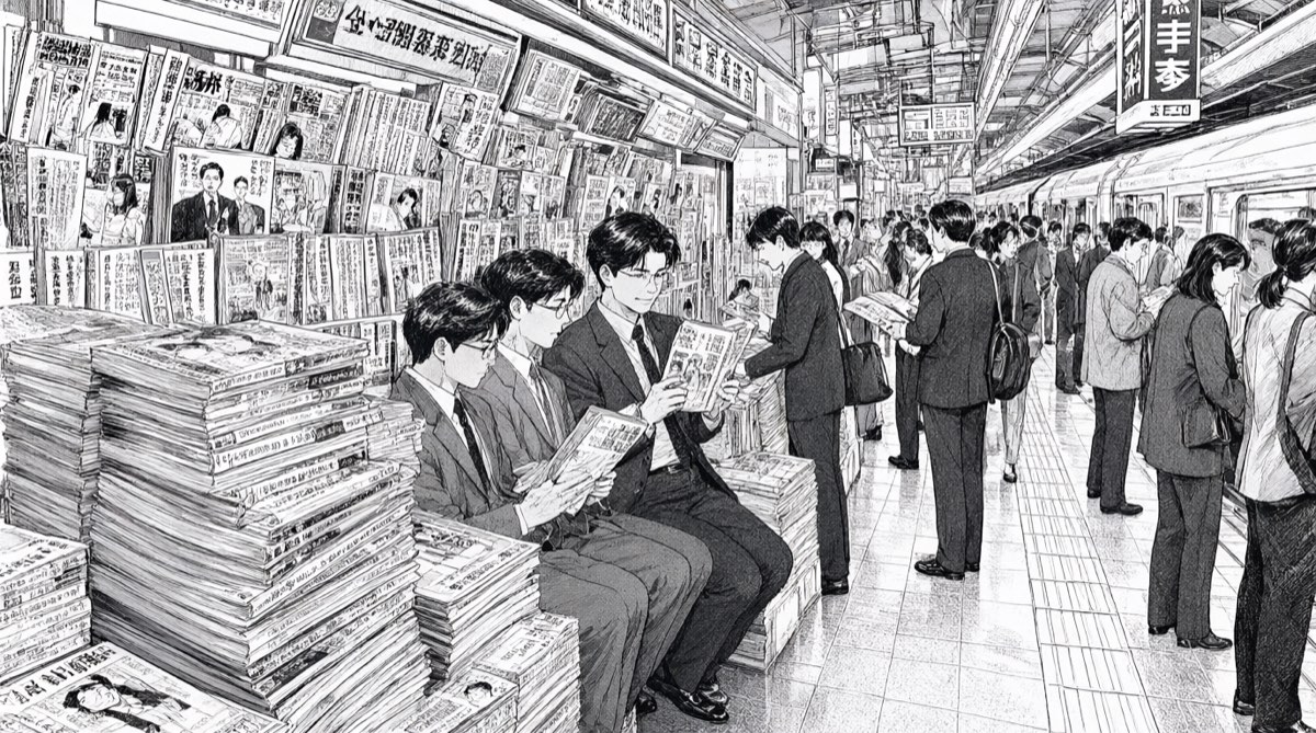 Un kiosque de Tokyo dans les années 1990, piles de magazines hebdomadaires, passagers lisant sur le quai sous la pluie