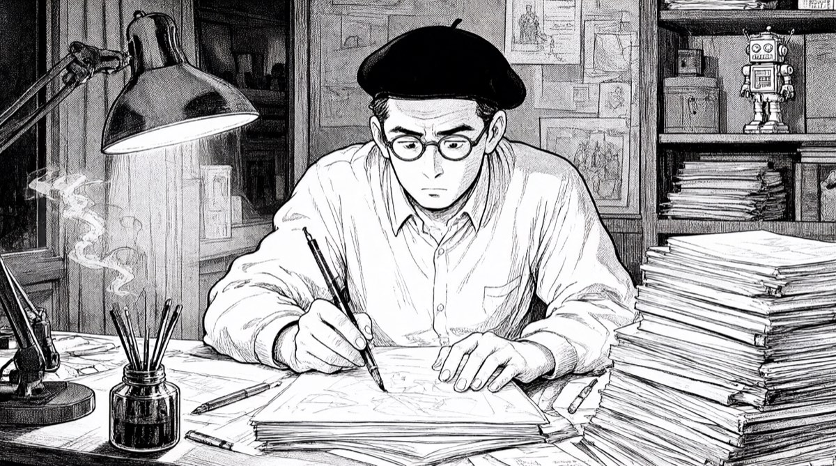 Un dessinateur des années 1950, béret et lunettes rondes, travaille la nuit à sa table encombrée de planches et d’encre