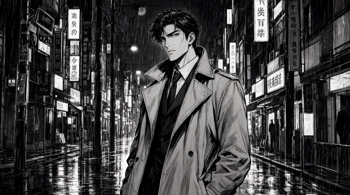 Un détective en imperméable, seul dans une rue de Tokyo sous la pluie, la nuit, reflets dans les flaques