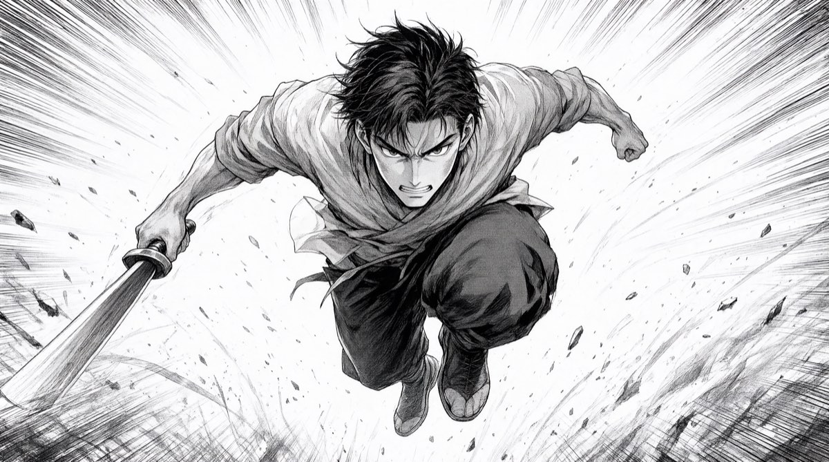 Un héros de shōnen bondit, sabre de bois à la main, entouré de lignes de vitesse