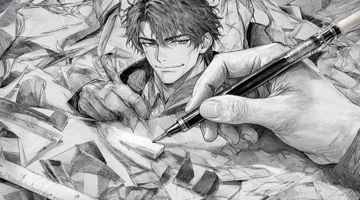 Des mains de mangaka posent une trame au cutter sur une planche